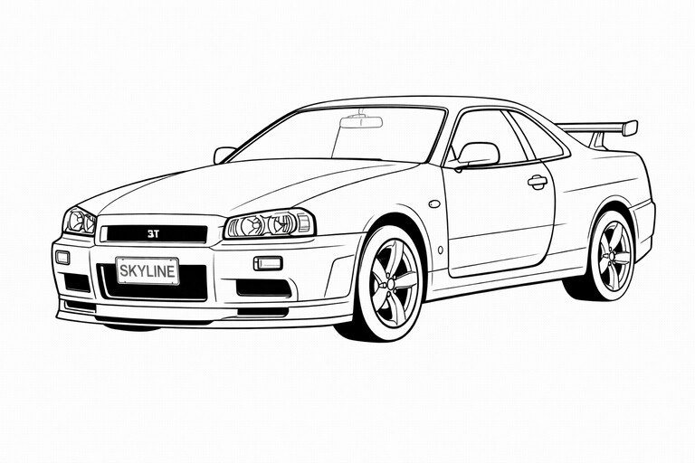 Nissan Skyline coloring page showing a front three-quarter vehicle view with bold wheels, clear body lines PDF preview