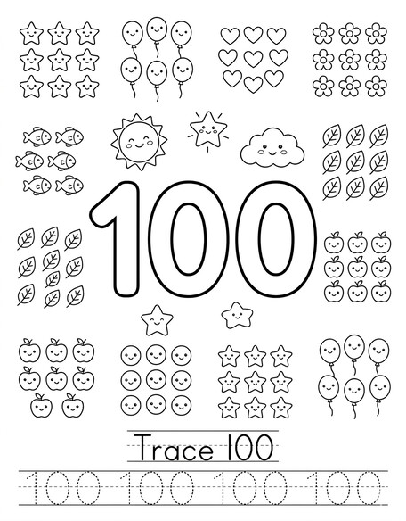 Free printable number 100 coloring page for kids with hundreds-place practice PDF preview