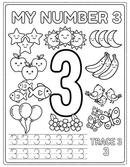 Number 3 coloring page showing large 3, tracing rows, and counting details PDF preview