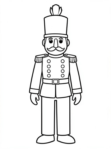 Nutcracker soldier coloring page showing a wooden toy figure in a plumed hat and buttoned jacket PDF preview