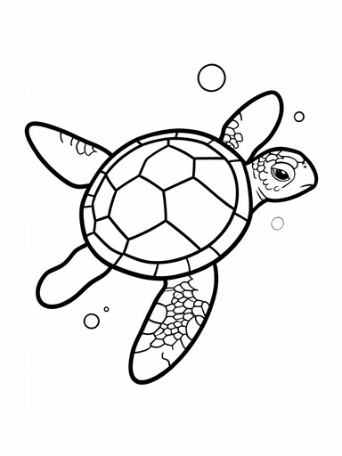Sea turtle from above with geometric shell scute pattern and four flippers coloring page
