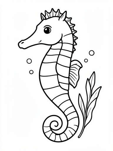 Seahorse with bony ring ridges, dorsal fin, and curling tail beside seaweed coloring page