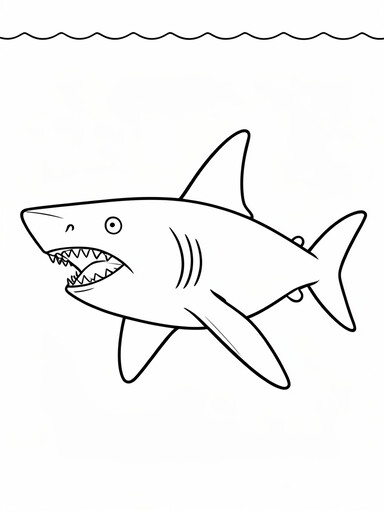 Great white shark with open jaws, rows of pointed teeth, dorsal fin, and pectoral fins coloring page
