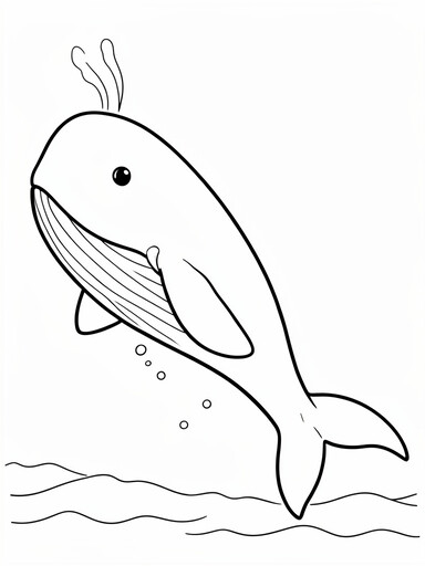 Large blue whale breaching from ocean waves with blowhole water spout coloring page