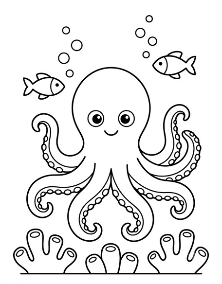 Friendly octopus with eight tentacles, suckers, coral, bubbles, and two small fish coloring page