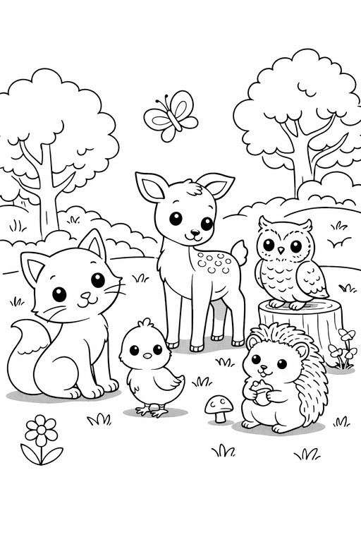 Owl Deer Hedgehog coloring page showing a deer, owl, hedgehog, cat, and little chick together in a woodland PDF preview