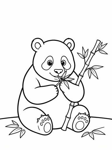 Panda coloring page showing a giant panda sitting and eating bamboo with both paws