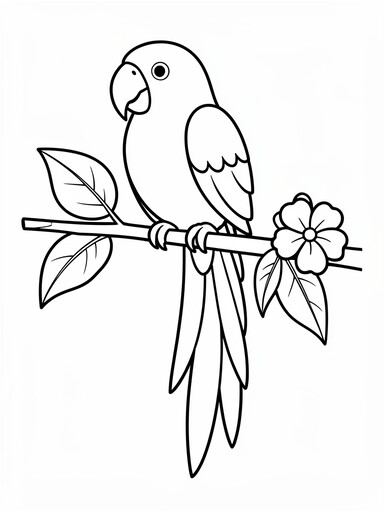Parrot coloring page showing a tropical parrot perched on a branch with a long tail and leaves