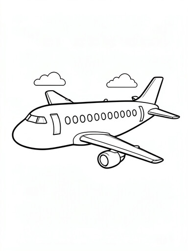 Passenger airplane coloring page showing a jet with oval windows, swept wings, and an underwing engine