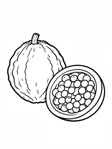 Passion fruit coloring page showing a whole round fruit beside a halved fruit full of round seeds PDF preview