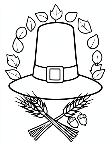 Pilgrim hat coloring page with a buckle, ring of autumn leaves, and crossed wheat stalks
