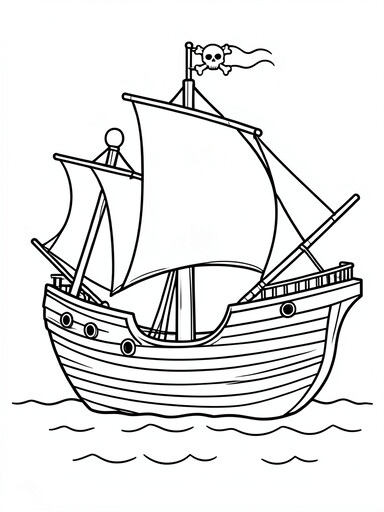 Pirate ship coloring page showing a wooden hull, two square sails, a skull-and-crossbones flag, and ocean waves