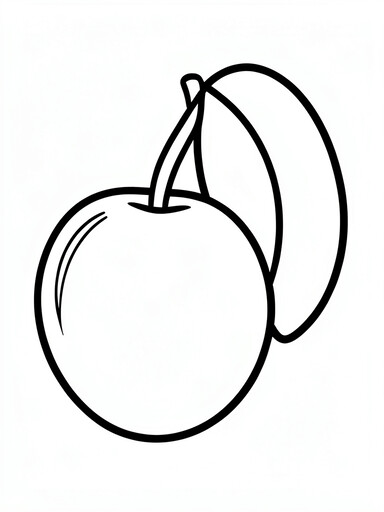 Plum coloring page showing a round fruit with a stem, a leaf, and a vertical crease line PDF preview