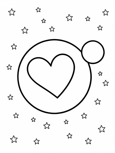 Pluto coloring page with a heart-shaped surface region beside its moon Charon and stars