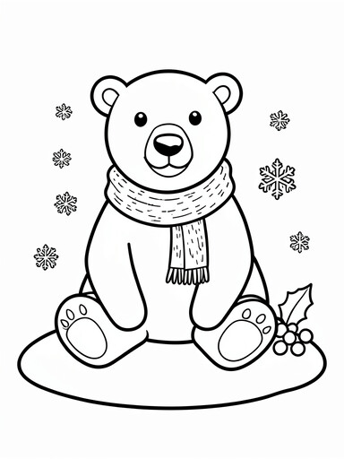Polar bear coloring page showing a bear in a knitted scarf sitting in snow with holly