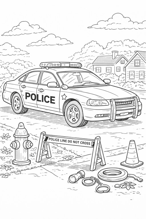 City Police Patrol Car coloring page showing a police sedan parked on a city street with cones, a hydrant PDF preview