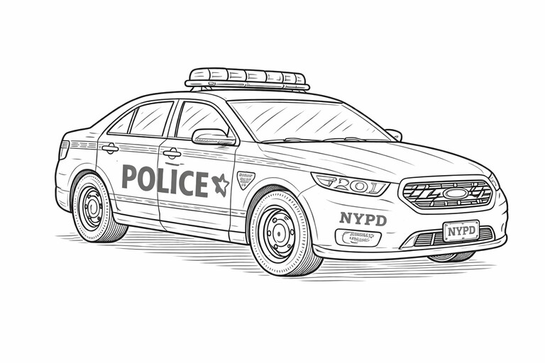 NYPD Police Car coloring page showing an NYPD patrol car in a clean side view with bold door markings and roof PDF preview