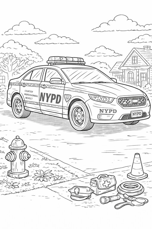 NYPD Police Car in City coloring page showing an NYPD patrol car on a street with a hydrant, cones, and houses PDF preview