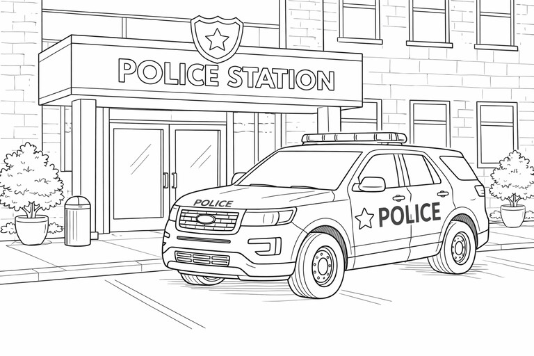 Police Station with Car coloring page showing a police SUV outside a station building with bold sign details PDF preview
