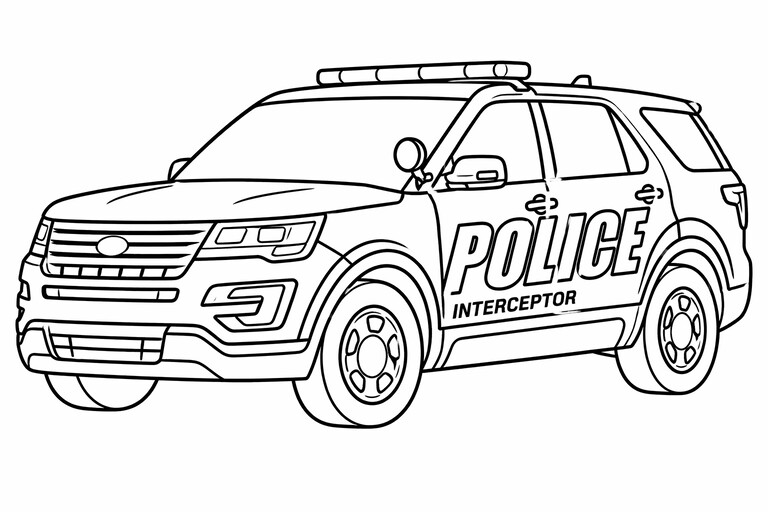 Police SUV coloring page showing a larger police interceptor SUV in side view with bold body graphics and roof PDF preview