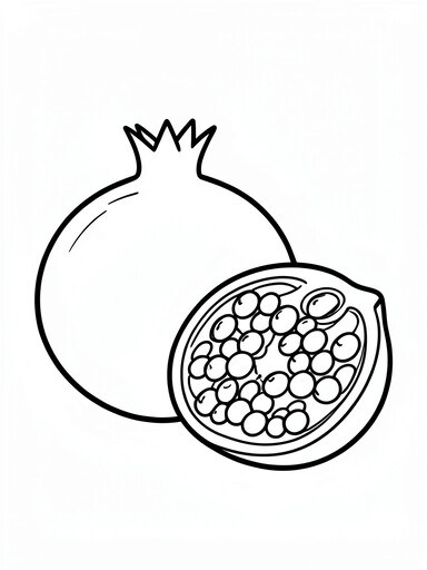 Pomegranate coloring page showing a whole fruit with a crown top and a halved fruit full of round seeds PDF preview