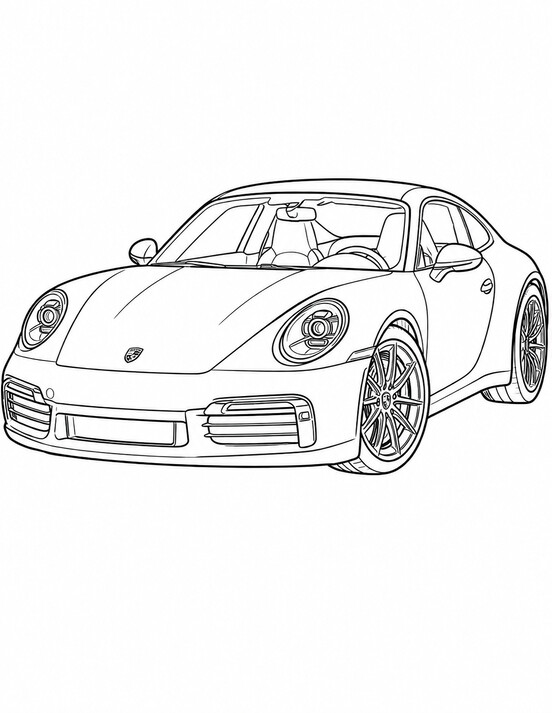 Porsche 911 coloring page showing a front three-quarter vehicle view with bold wheels, clear body lines PDF preview