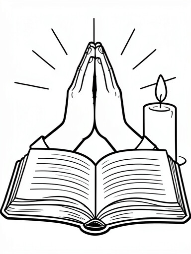 Close-up praying hands resting above an open Bible with a lit candle beside it coloring page