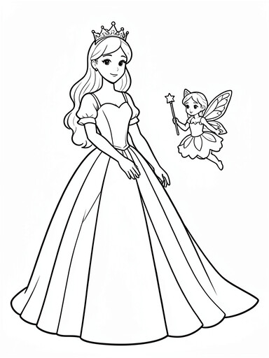 Princess and fairy coloring page showing two winged fairy figures in ball gowns with tiaras and sparkle stars