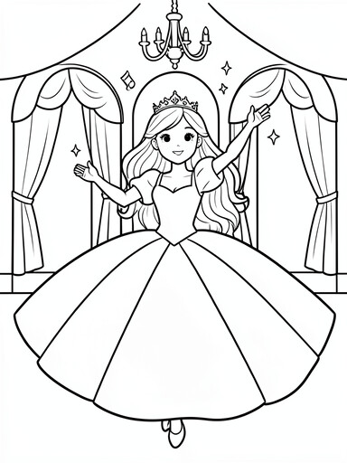Princess dancing in a swirling ball gown with tiara in a ballroom with chandelier and curtained arched windows coloring page