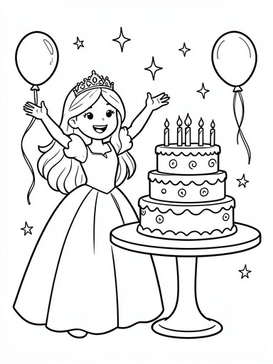 Princess in a ball gown and tiara standing beside a three-tier birthday cake with candles balloons and sparkle stars coloring page