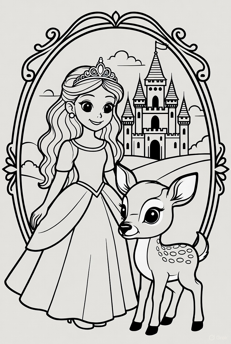 Princess Castle Deer coloring page showing a princess holding a baby deer in front of a castle PDF preview