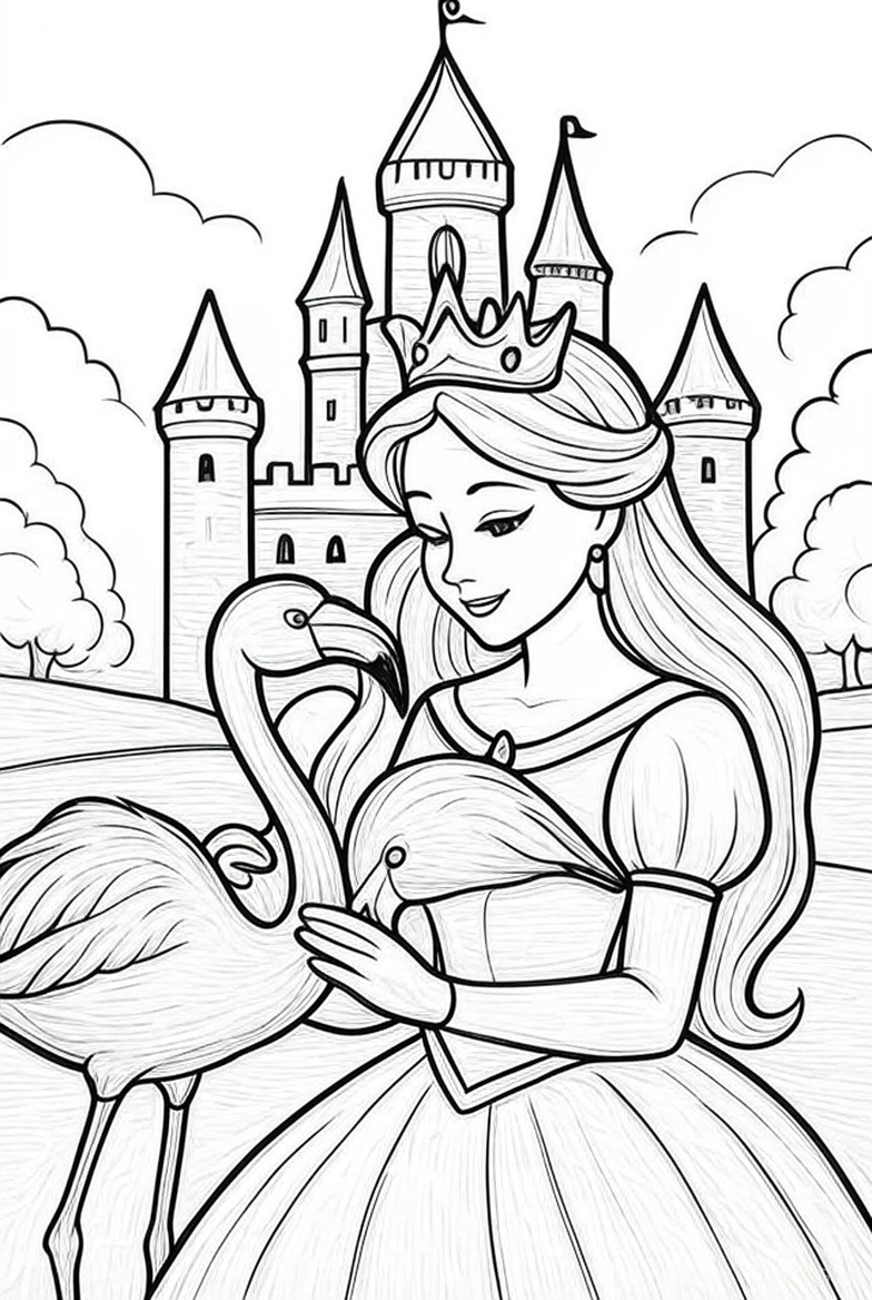 Princess Castle Flamingo coloring page showing a princess beside two flamingos in front of a castle PDF preview
