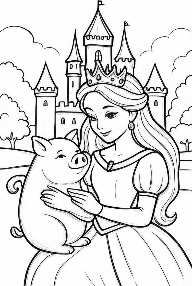 Princess Castle Pig coloring page showing a princess holding a baby pig in front of a castle PDF preview