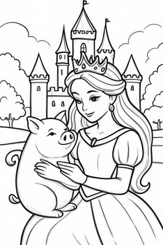 Princess holding a piglet Coloring Page