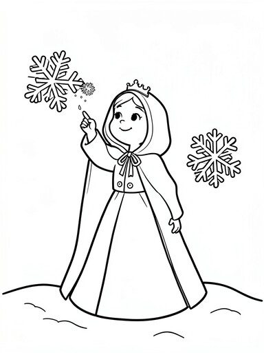 Princess in a hooded cape standing in snow catching a snowflake on her finger with geometric snowflakes around her coloring page