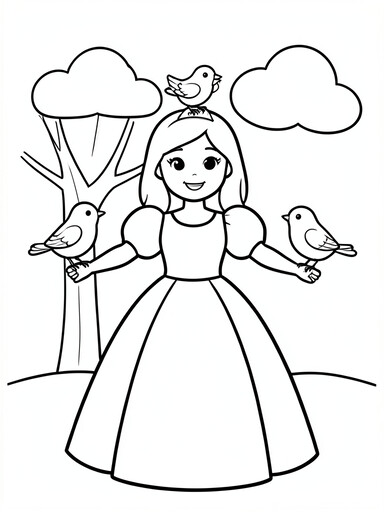 Princess standing outdoors with three small songbirds perched on her outstretched arms and a tree branch coloring page