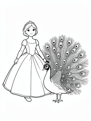 Two young girls in gowns beside a peacock with fully fanned tail feathers and eye-shaped tips coloring page