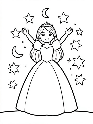 Princess with arms raised surrounded by large outlined stars and crescent moons coloring page