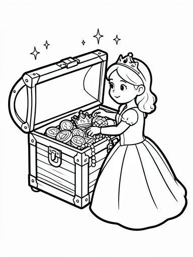 Princess kneeling beside a large open treasure chest filled with coins and gems coloring page