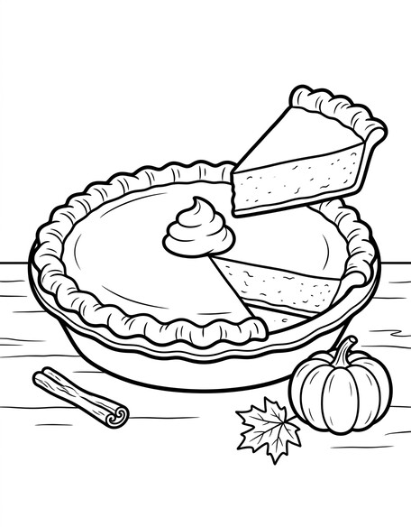 Pumpkin pie coloring page with whole pie, lifted slice, whipped cream, and a small pumpkin PDF preview