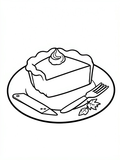 Pumpkin pie slice coloring page with whipped cream, a pie server, and a fork on a plate