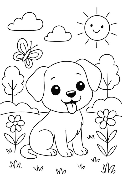 Cute Animals Enjoying A Sunny Day coloring page showing a smiling puppy sitting among flowers with a butterfly PDF preview