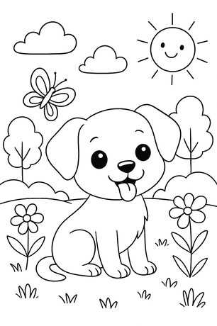 Puppy with Butterfly, Sun, and Flowers Coloring Page