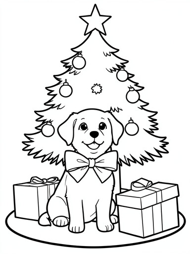 Puppy Christmas coloring page showing a puppy with a bow sitting under a decorated tree with presents