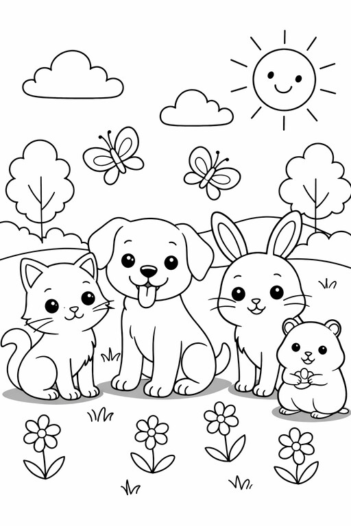 Puppy, Kitten, Rabbit, Mouse, and Butterfly Outdoors coloring page showing four small animals sitting together PDF preview