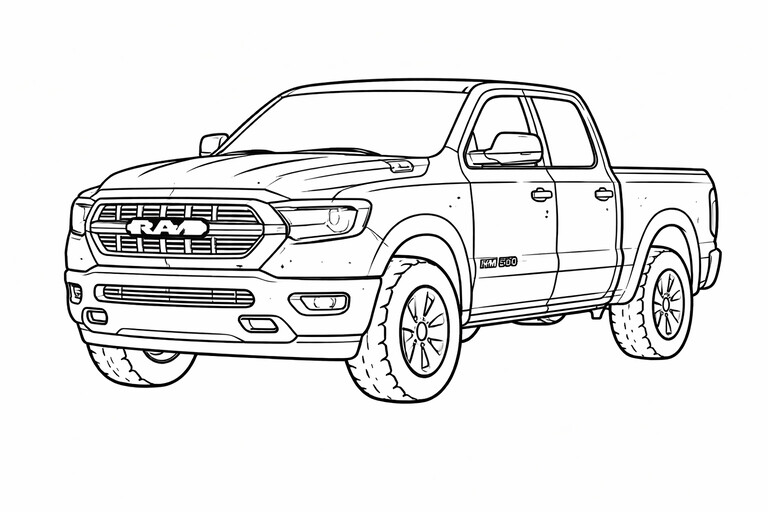 RAM 1500 Pickup coloring page showing a front three-quarter vehicle view with bold wheels, clear body lines PDF preview