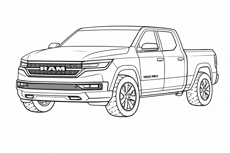 RAM 1500 REV Pickup coloring page showing a front three-quarter vehicle view with bold wheels, clear body lines PDF preview