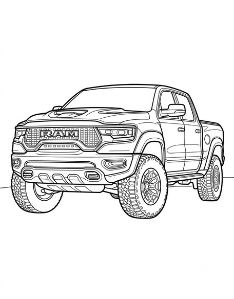 Ram 1500 TRX coloring page showing a widebody off-road pickup truck with flared fenders and huge tires