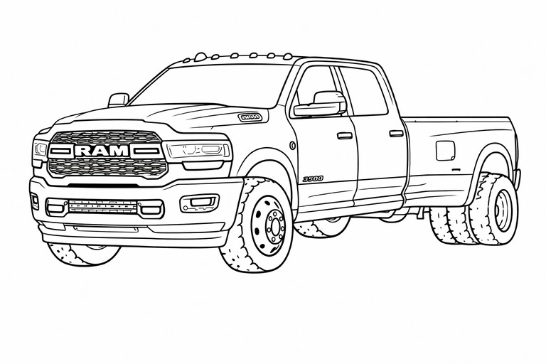 RAM 3500 Heavy-Duty Pickup coloring page showing a front three-quarter vehicle view with bold wheels, clear body PDF preview