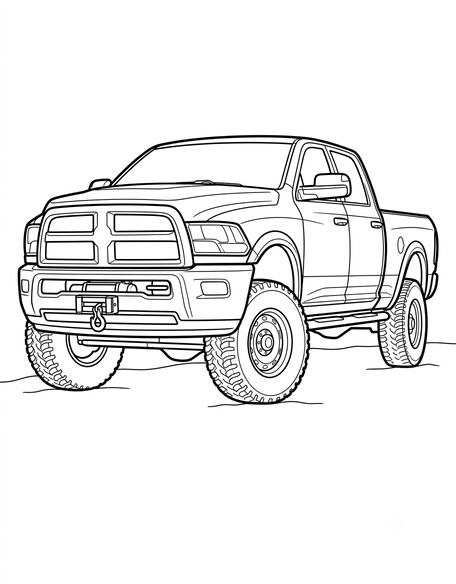 Ram Power Wagon coloring page showing a lifted off-road pickup truck with a winch on the front bumper